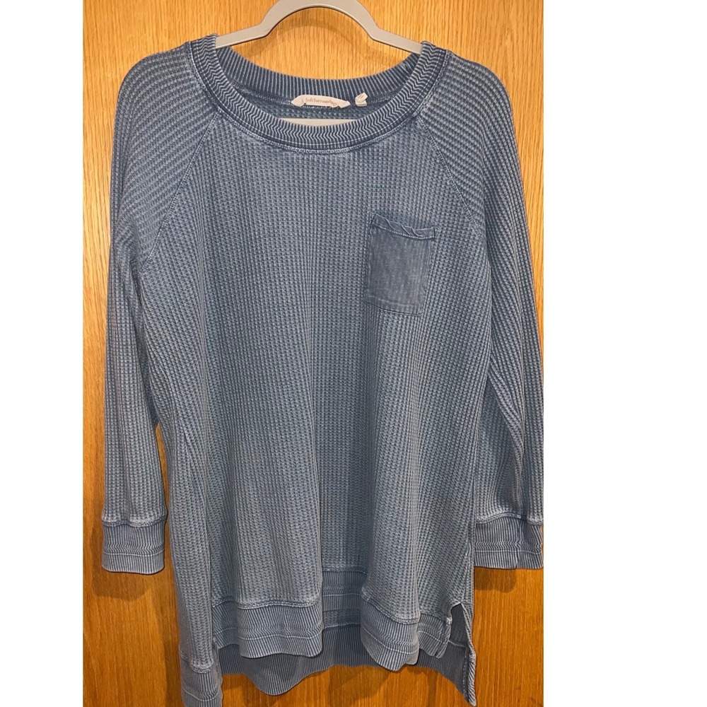 Soft Surroundings Waffle Knit Tunic Women Large Blue Long Sleeve Pocket